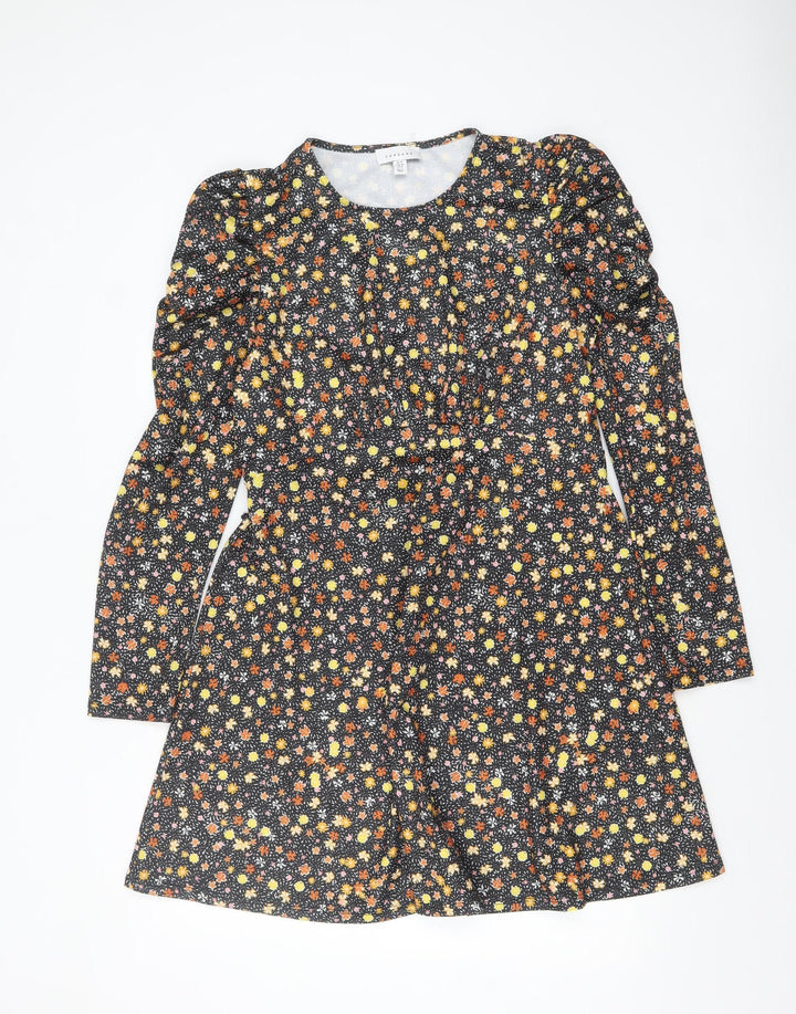 Topshop Womens Multicoloured Floral A-Line Puff Sleeve Dress UK 12