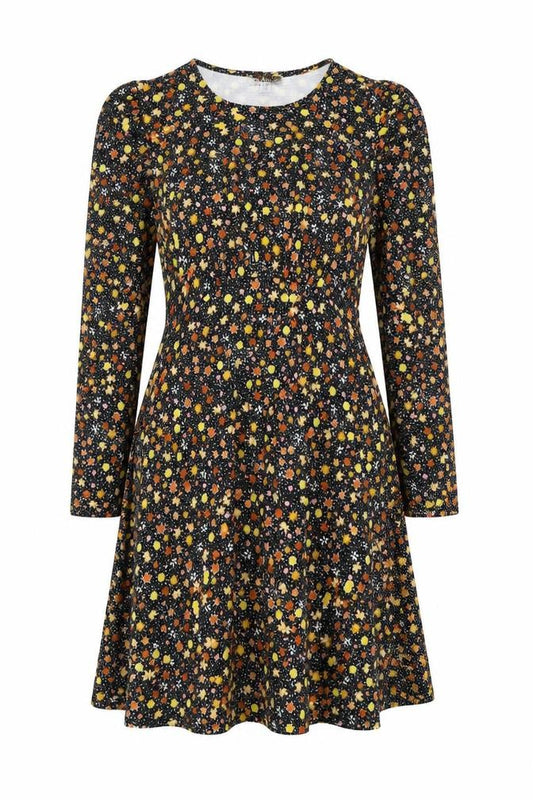 Front view of Topshop women’s multicoloured floral a-line puff sleeve dress uk 12