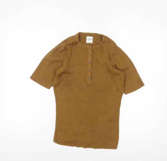 People Tree Women Brown Organic Cotton Henley Jersey Top UK 10