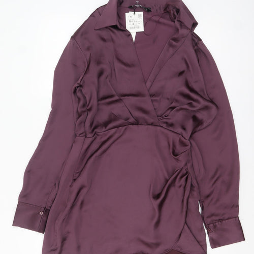 Zara Women Purple Wrap Satin Short Dress Size 12 Long Sleeve V-Neck