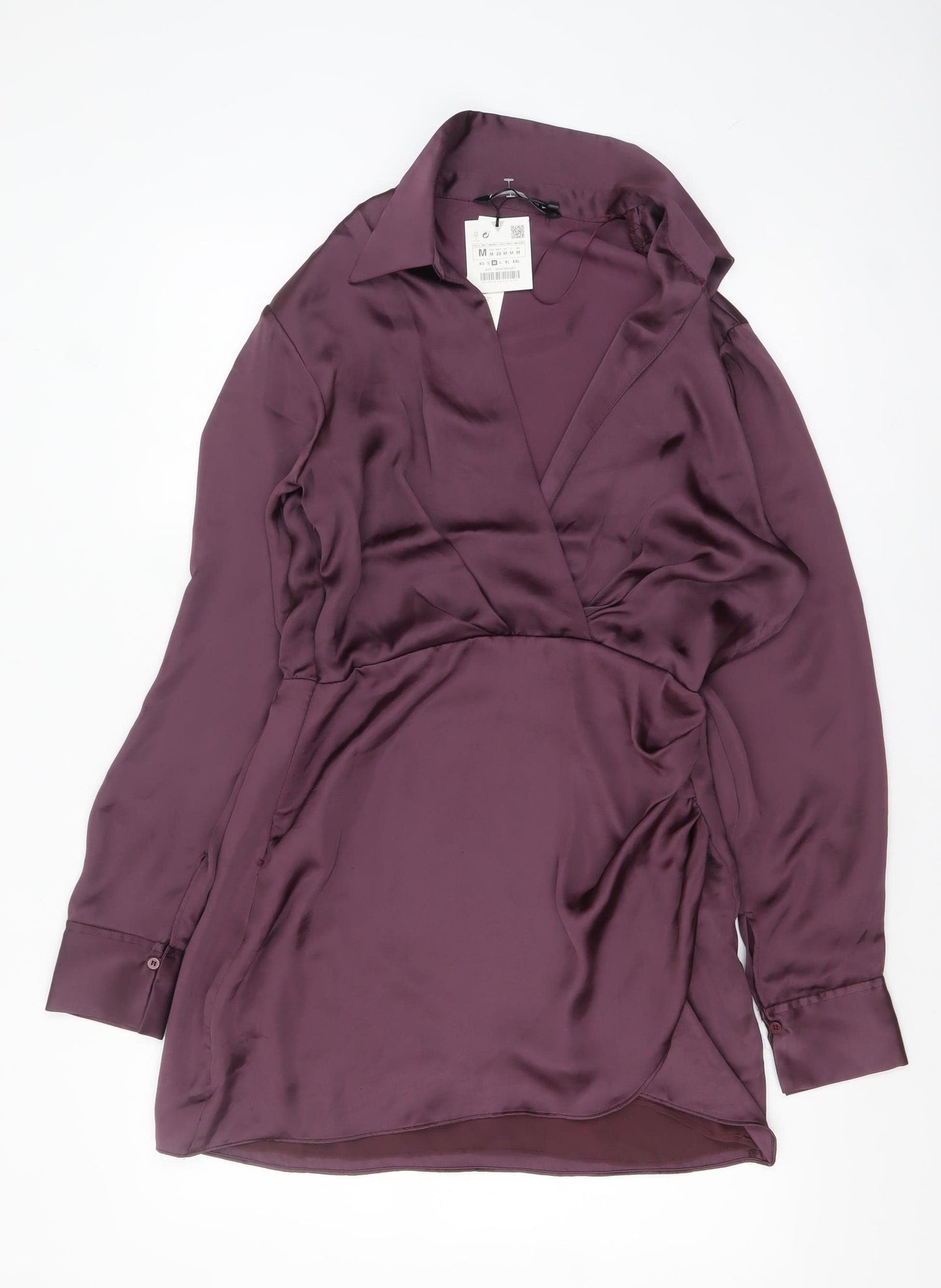 Zara Women Purple Wrap Satin Short Dress Size 12 Long Sleeve V-Neck