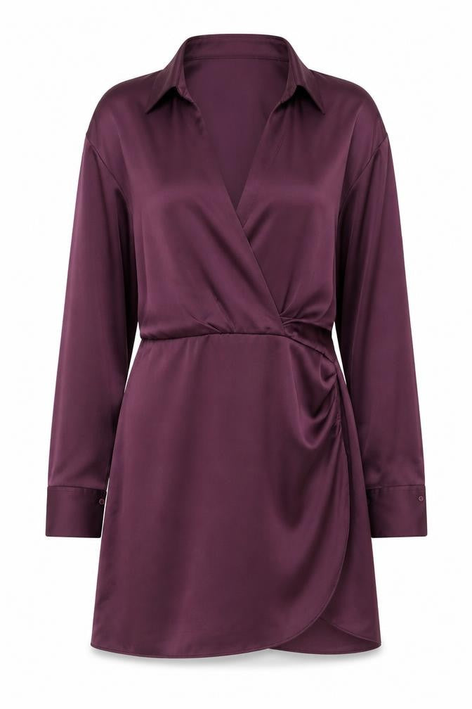 Zara Women Purple Wrap Satin Short Dress Size 12 Long Sleeve V-Neck