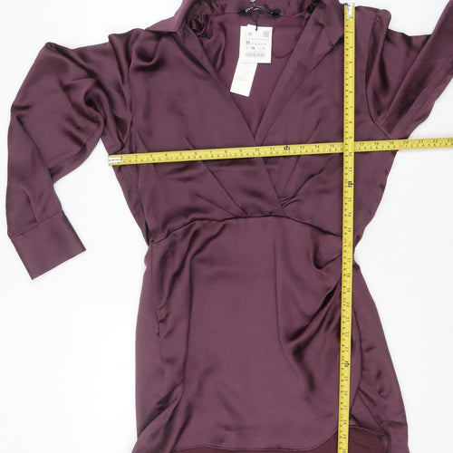 Zara Women Purple Wrap Satin Short Dress Size 12 Long Sleeve V-Neck