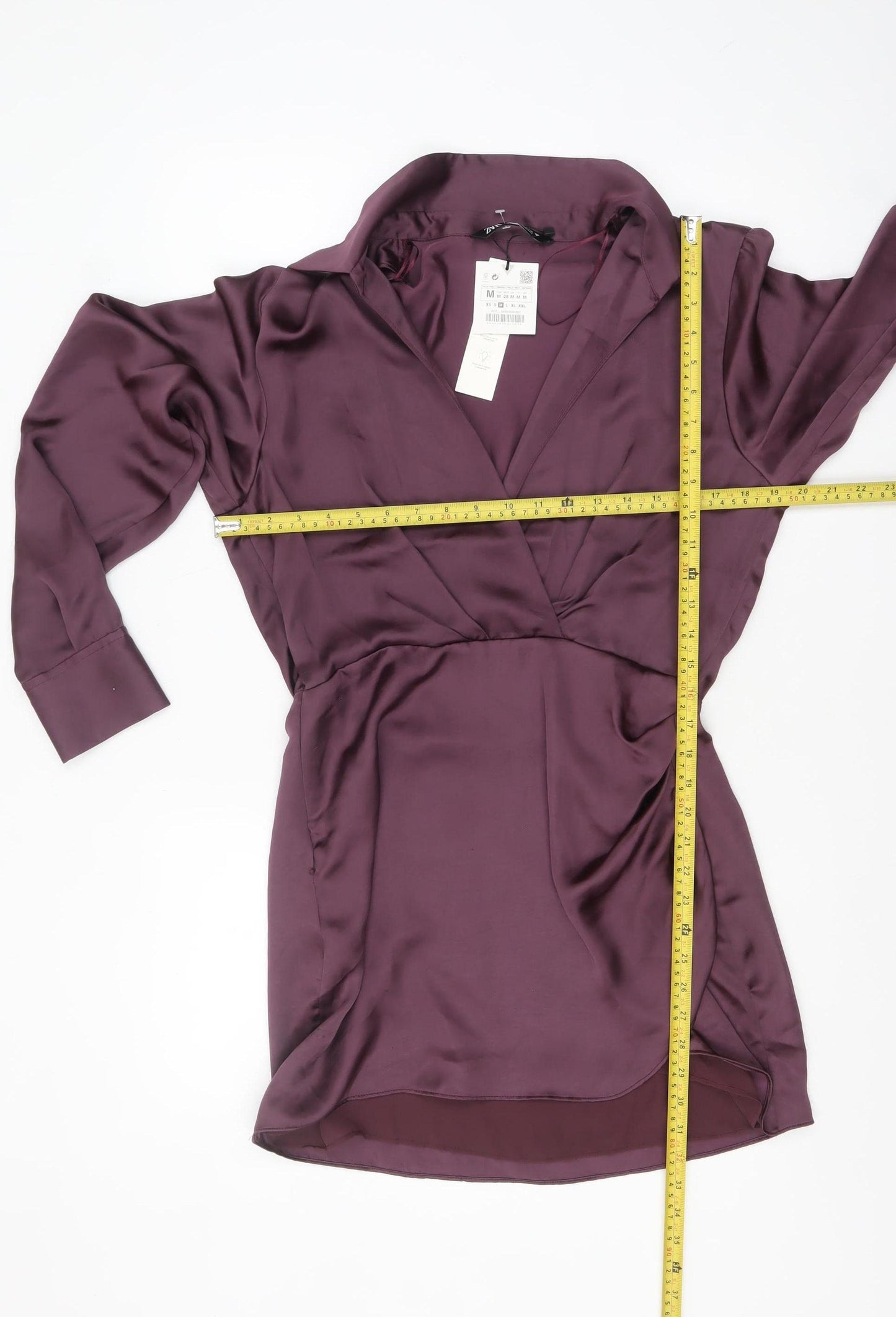 Zara Women Purple Wrap Satin Short Dress Size 12 Long Sleeve V-Neck