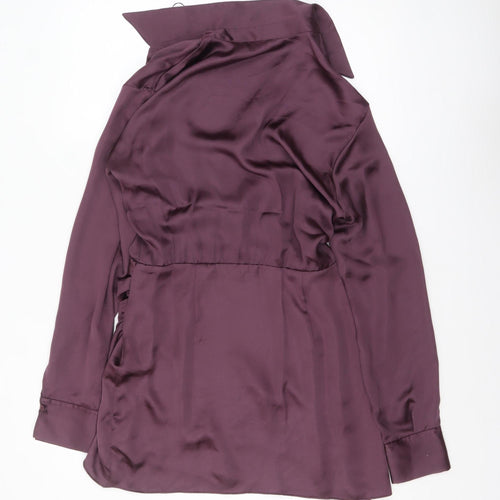 Zara Women Purple Wrap Satin Short Dress Size 12 Long Sleeve V-Neck