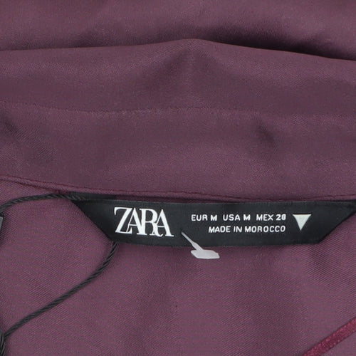 Zara Women Purple Wrap Satin Short Dress Size 12 Long Sleeve V-Neck