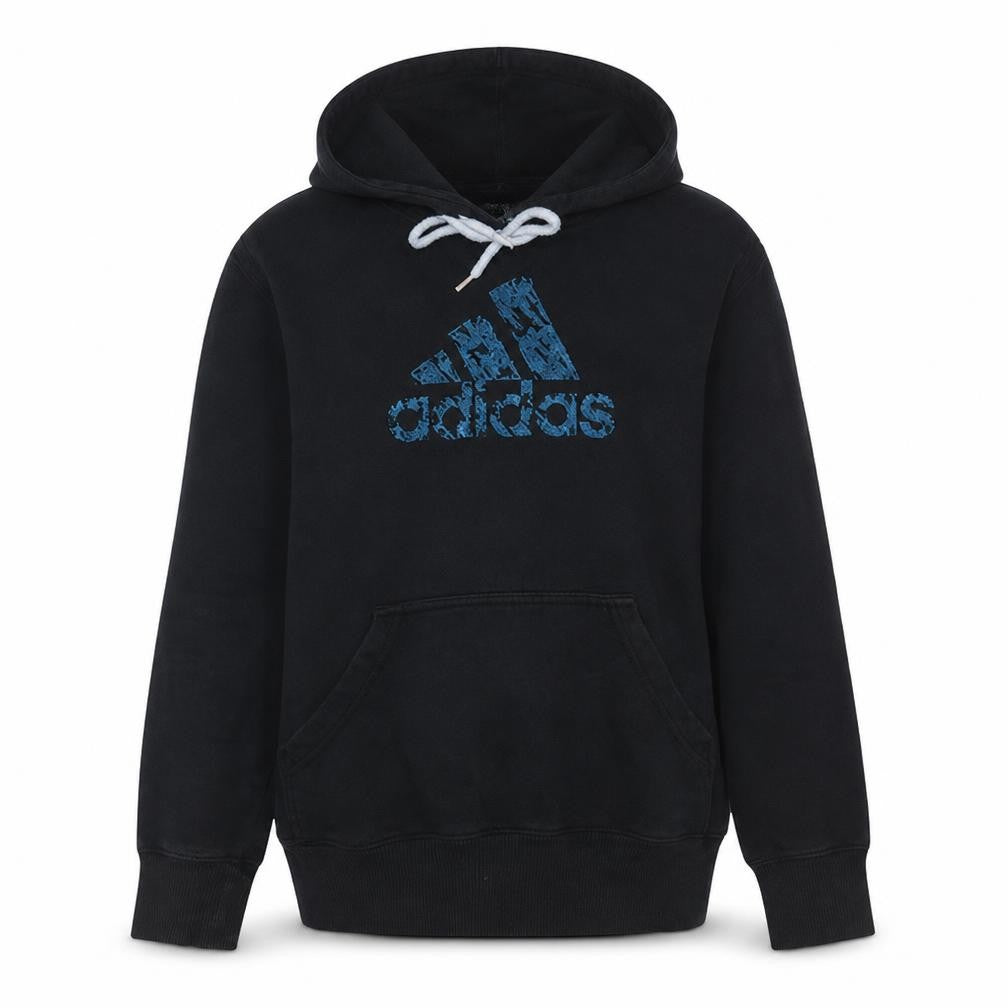 Front view of Adidas Men's Black Pullover Hoodie, size S, Graphic Fleece Sweatshirt