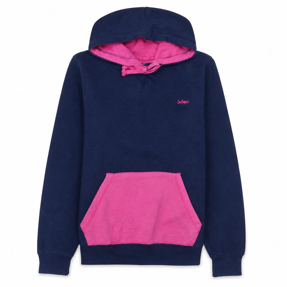 Front view of Lee Cooper women’s navy pink pullover hoodie, size UK 14, cotton blend