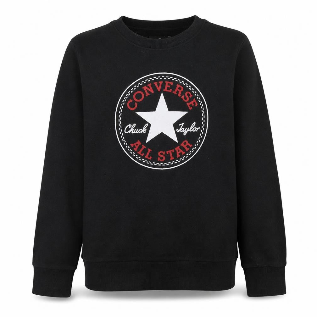Front view of Converse boys’ black graphic logo crew neck pullover sweatshirt 12-13 years