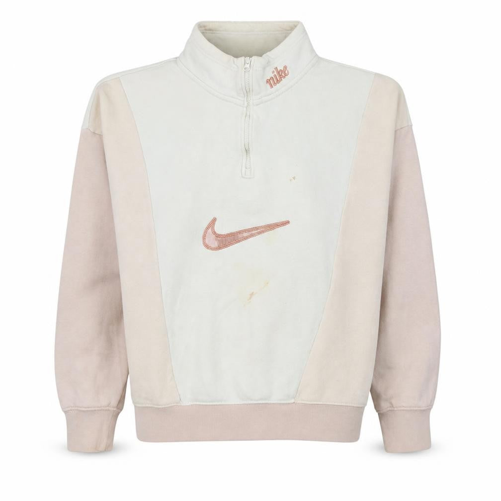 Front view of Nike Women’s Beige 1/4 Zip Pullover Sweatshirt, size S, Loose Fit