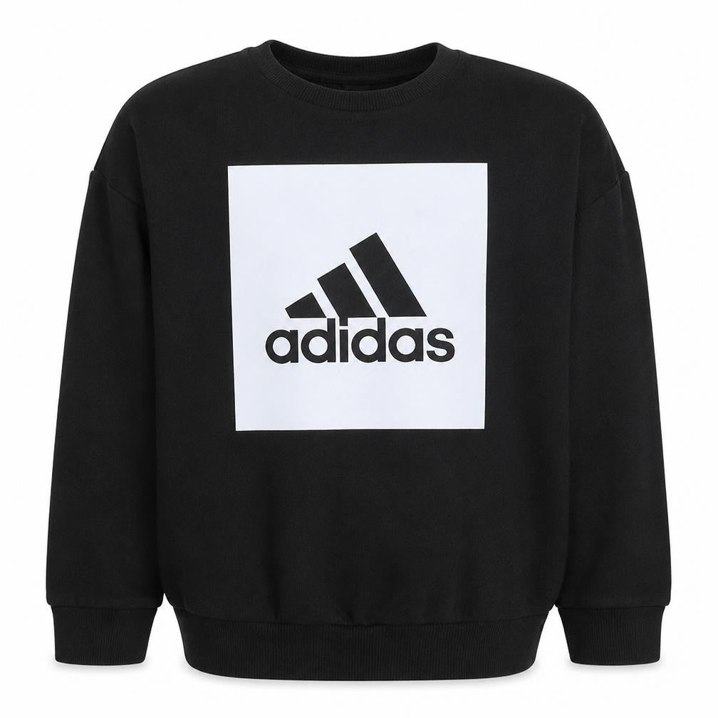 Front view of Adidas boys’ black logo crew neck pullover sweatshirt 13-14 years