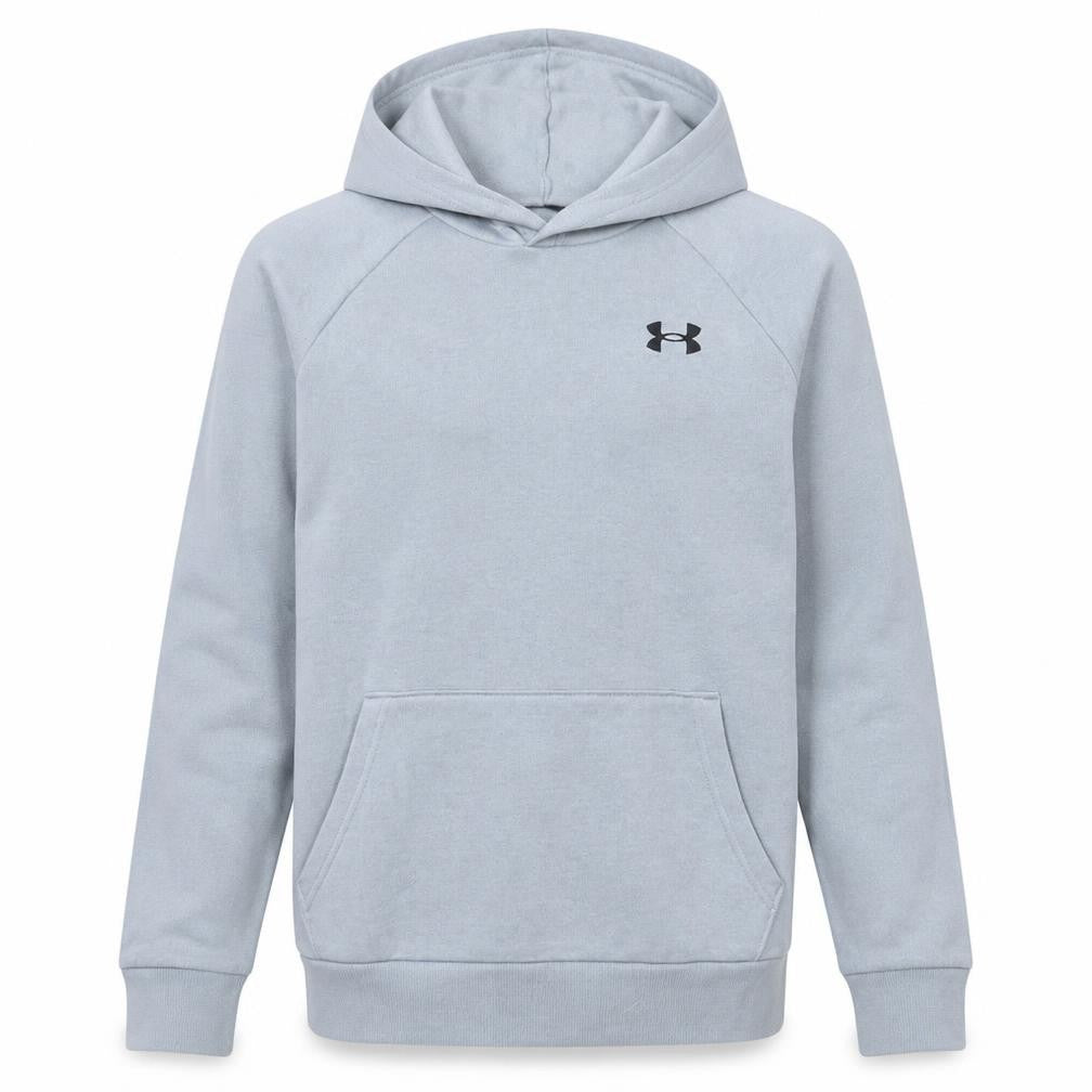 Front view of Under Armour boys’ grey pullover hoodie, size 158, loose fit cotton blend