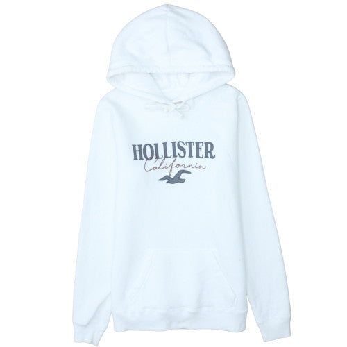 Hollister Women White Pullover Hoodie Medium Cotton Blend Logo Design