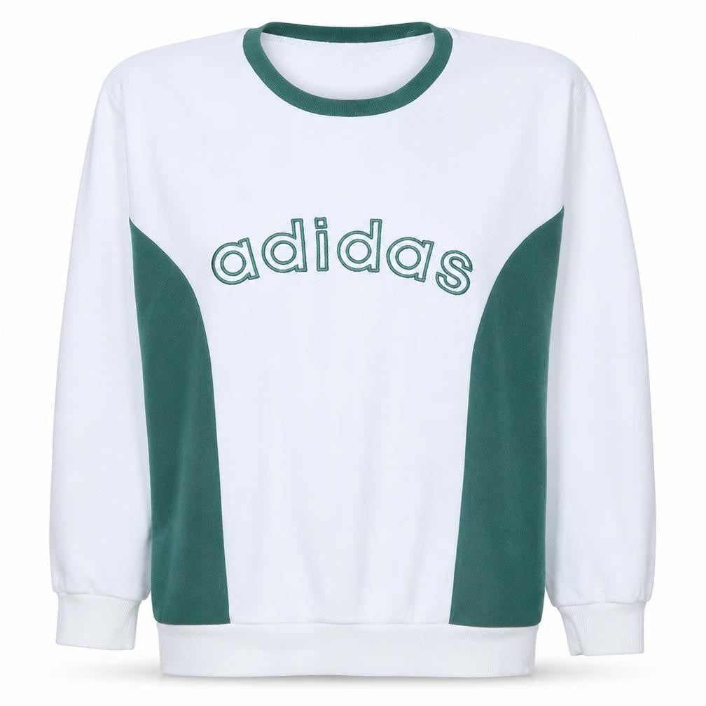 Front view of Adidas women’s white green pullover sweatshirt, size UK 8, logo crew