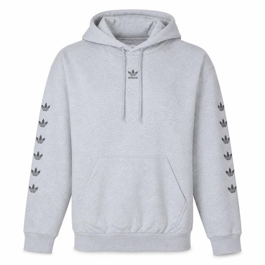 Front view of Adidas women’s grey pullover hoodie, size UK 10, relaxed fit trefoil logo