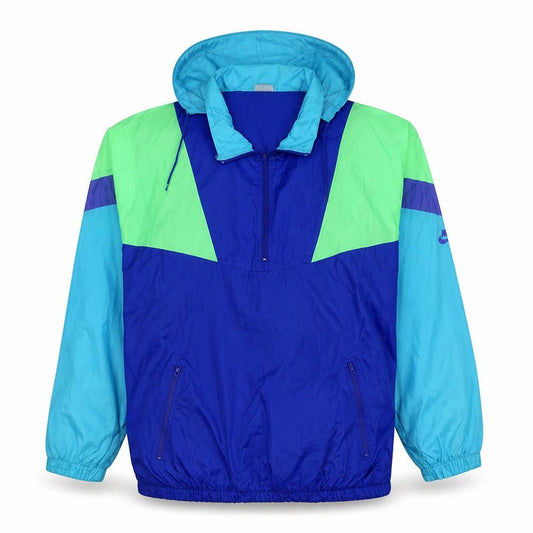 Front view of Nike Men's Blue L Windbreaker Jacket 90s Retro Hooded Nylon Shell