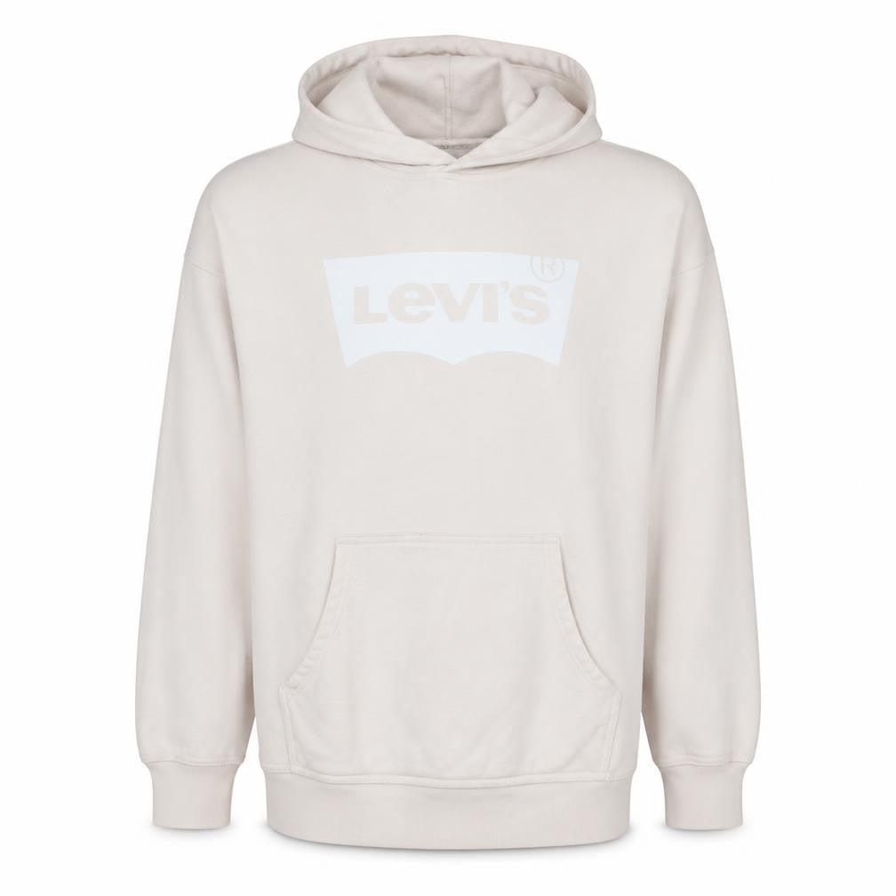 Front view of Levi's Men's Beige Pullover Hoodie M Logo Print Fleece Sweatshirt