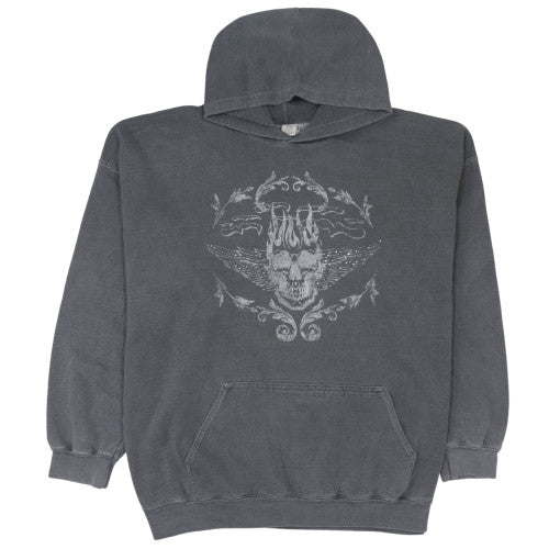 Men’s Grey Skull Graphic Pullover Hoodie Size M Fleece Gothic Style