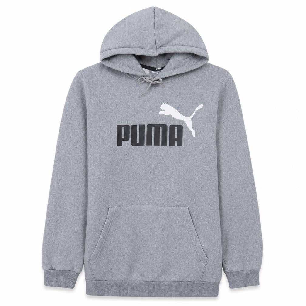 Front view of Puma Men's Grey Pullover Hoodie M Logo Graphic Fleece Sweatshirt