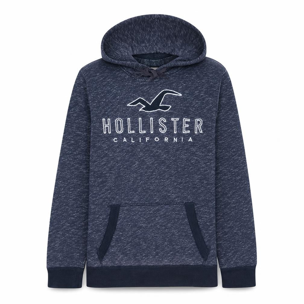 Front view of Hollister Men Blue Pullover Hoodie M Fleece Logo Sweatshirt