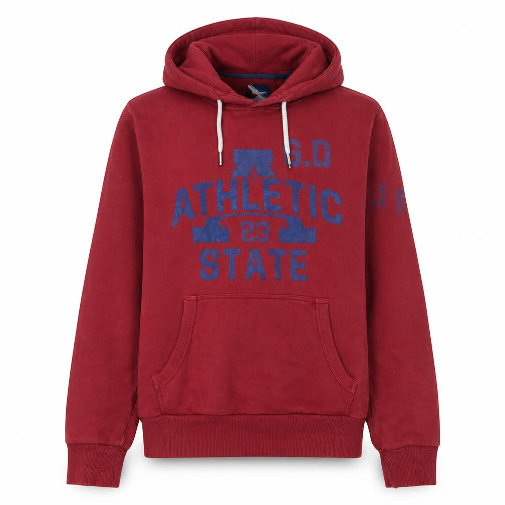 Front view of Superdry men’s red pullover hoodie, size M, fleece logo sweatshirt