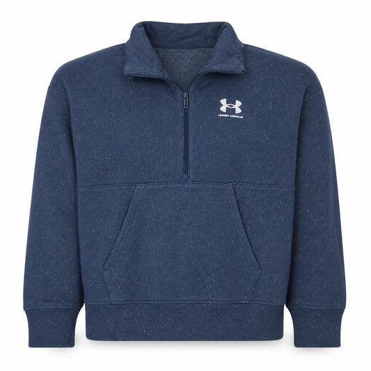 Front view of Under Armour men’s blue 1/4 zip fleece sweatshirt, size M