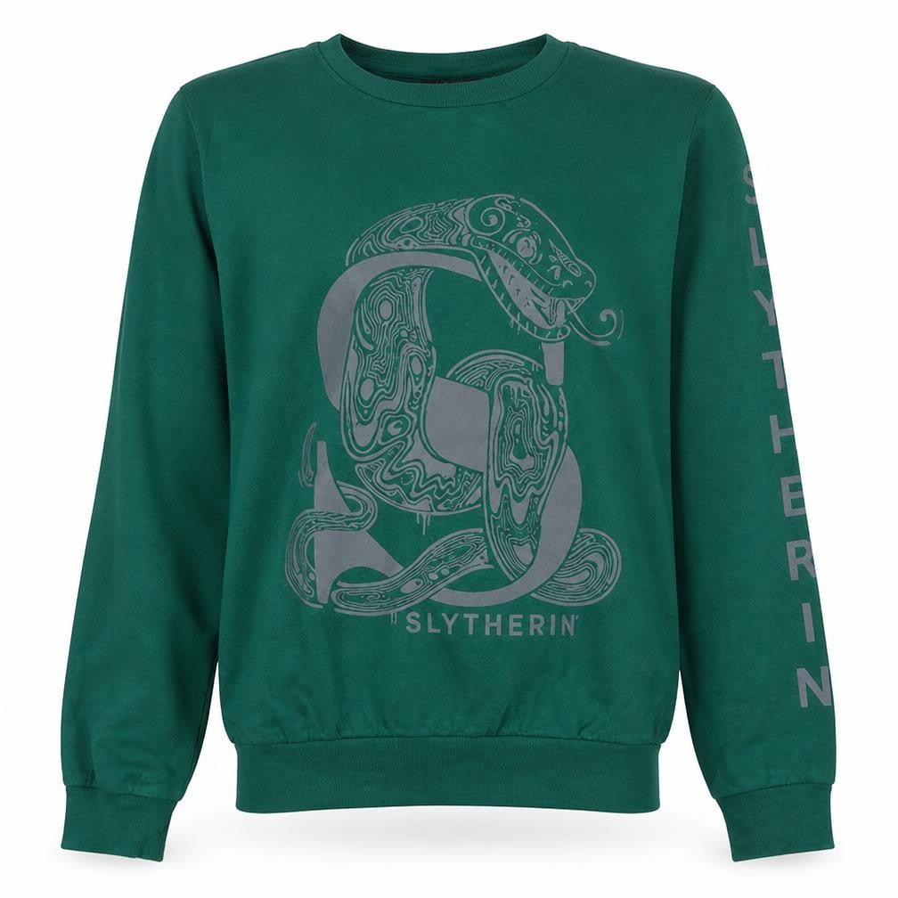 Front view of Primark Men’s Green Slytherin Harry Potter Pullover Sweatshirt, size S