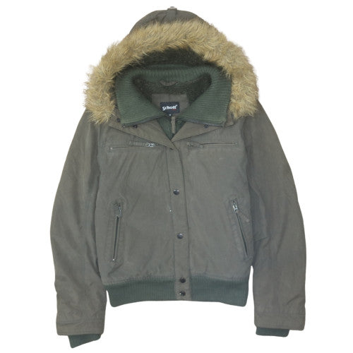 Schott Women Green Faux Fur Hooded Bomber Jacket M Winter Coat