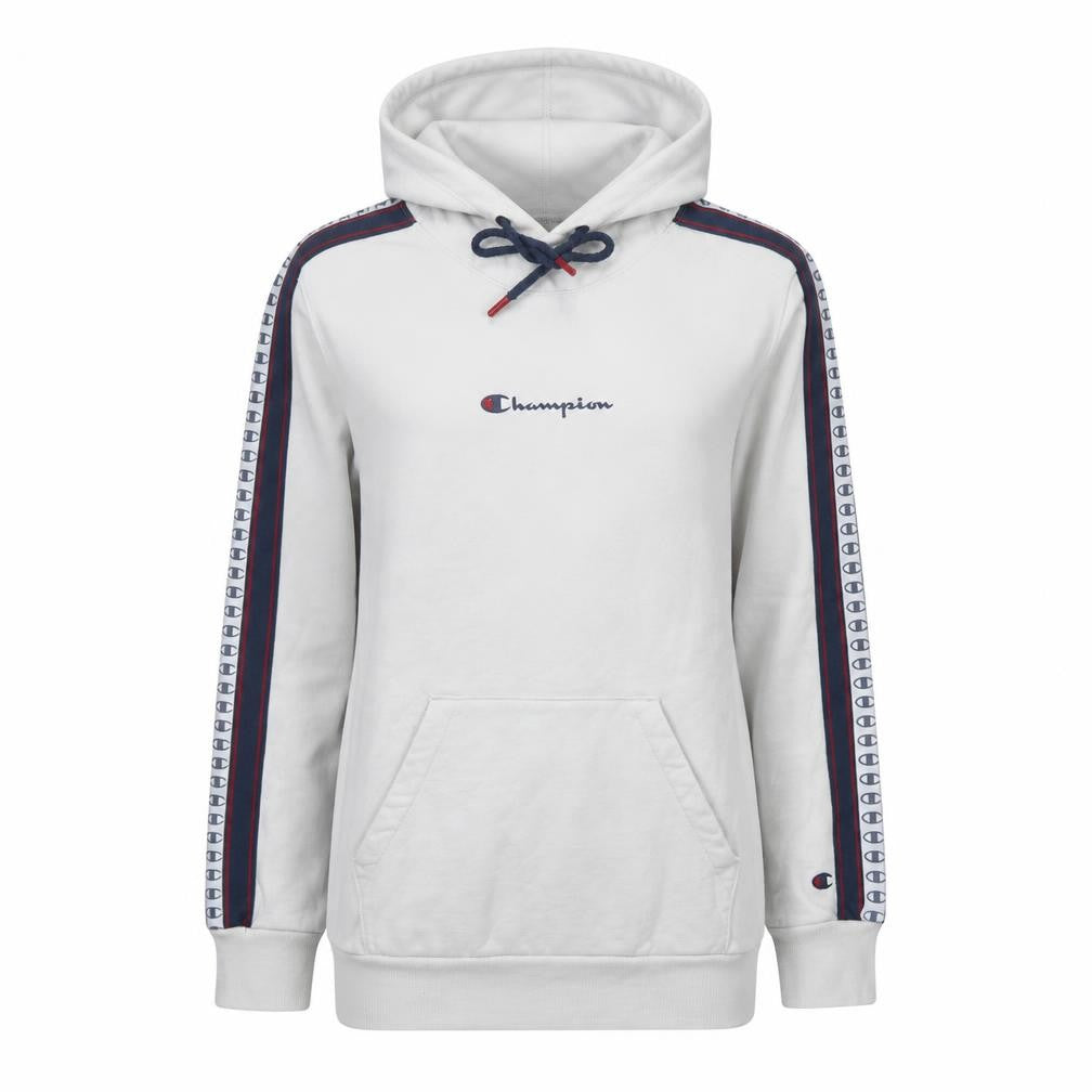 Front view of Champion Men's White Pullover Hoodie Medium Logo Stripe