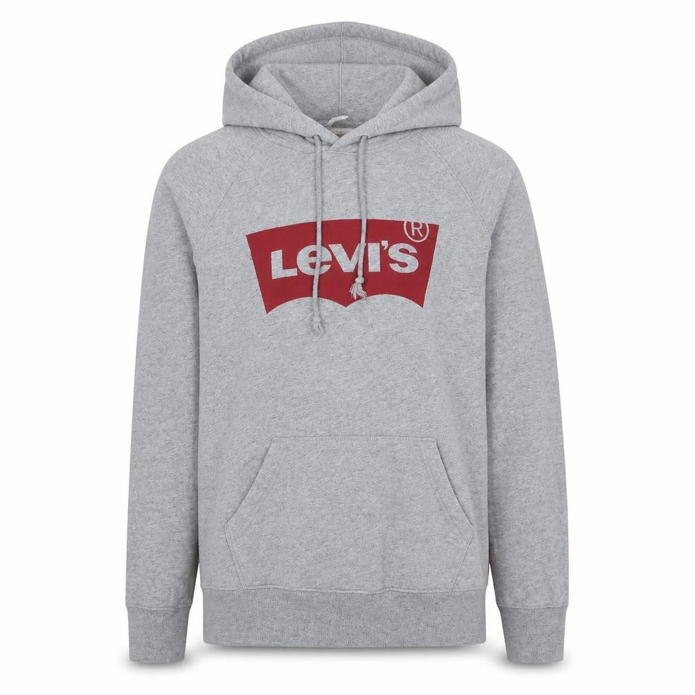 Front view of Levi's Men's Grey Logo Pullover Hoodie, size M, Classic Fleece