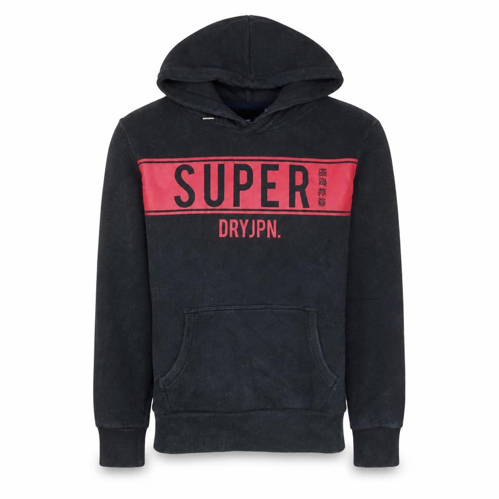 Front view of Superdry Men's Black Pullover Hoodie, size S, Graphic Logo Fleece
