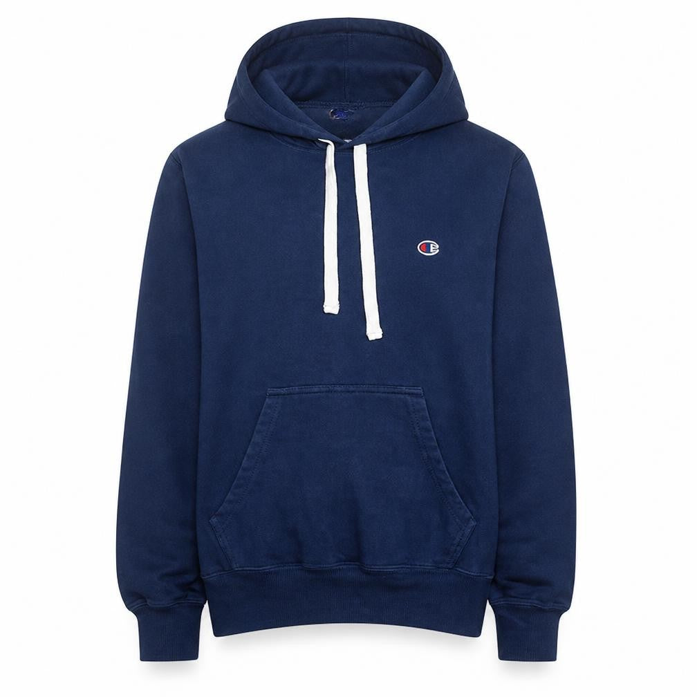 Front view of Champion Men's Blue Pullover Hoodie, size L, Fleece Logo Sweatshirt