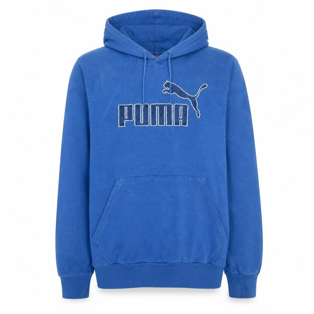 Front view of Puma Men's Blue Pullover Hoodie, size M, Logo Fleece Sweatshirt