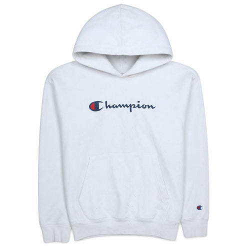 Champion Mens White Pullover Hoodie Medium Logo Sports Fleece