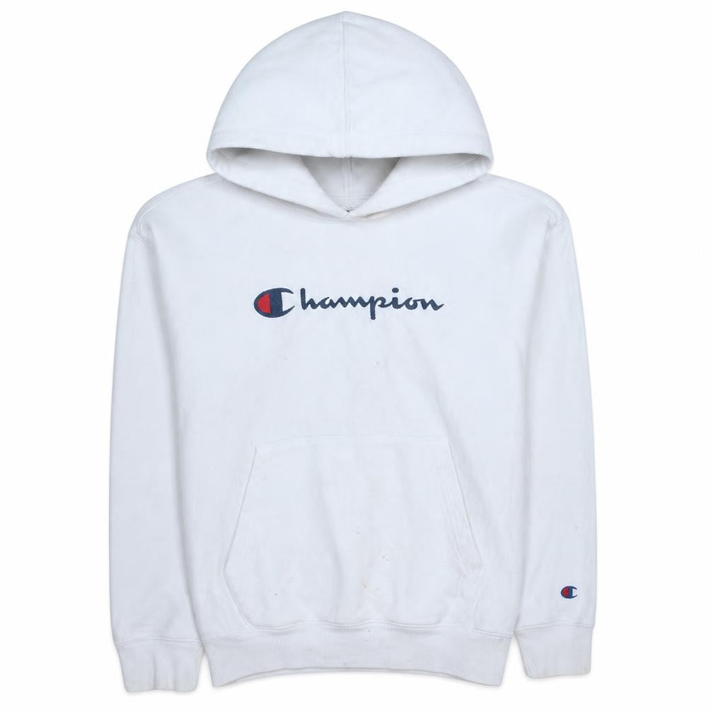 Champion Mens White Pullover Hoodie Medium Logo Sports Fleece