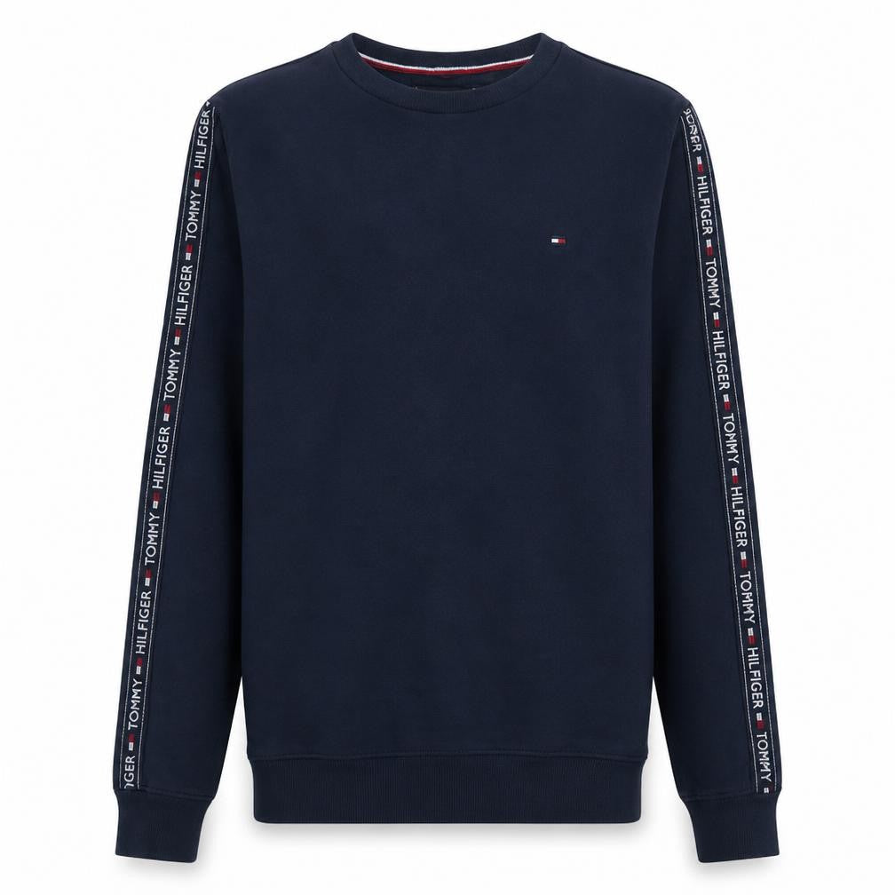 Front view of Tommy Hilfiger Men's Blue Logo Tape Crew Neck Sweatshirt M