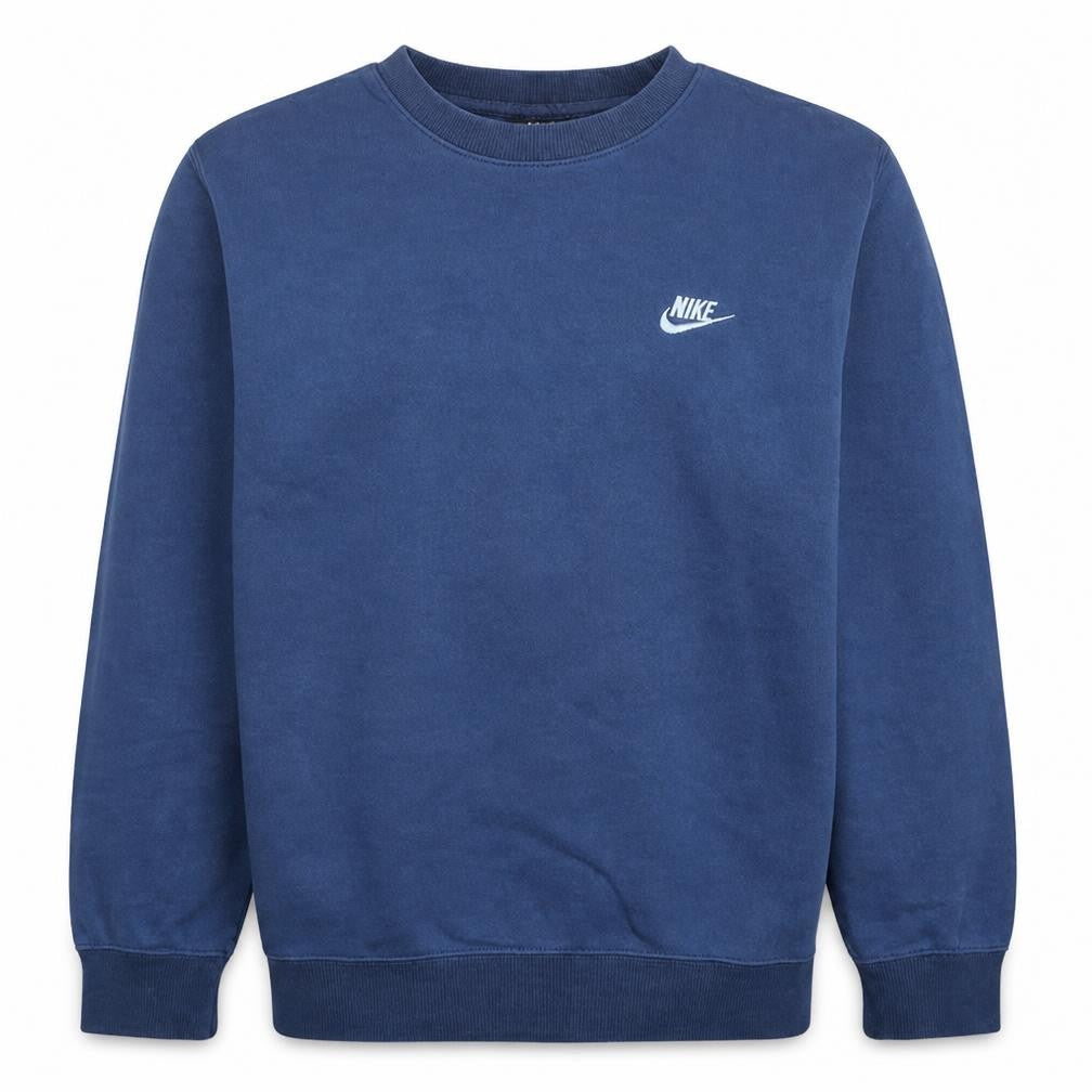 Front view of Nike men’s blue crew neck sweatshirt m classic fleece pullover