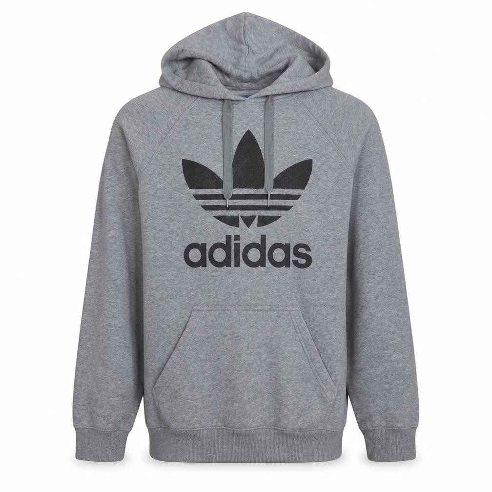 Front view of Adidas men’s grey pullover hoodie small regular fit logo fleece