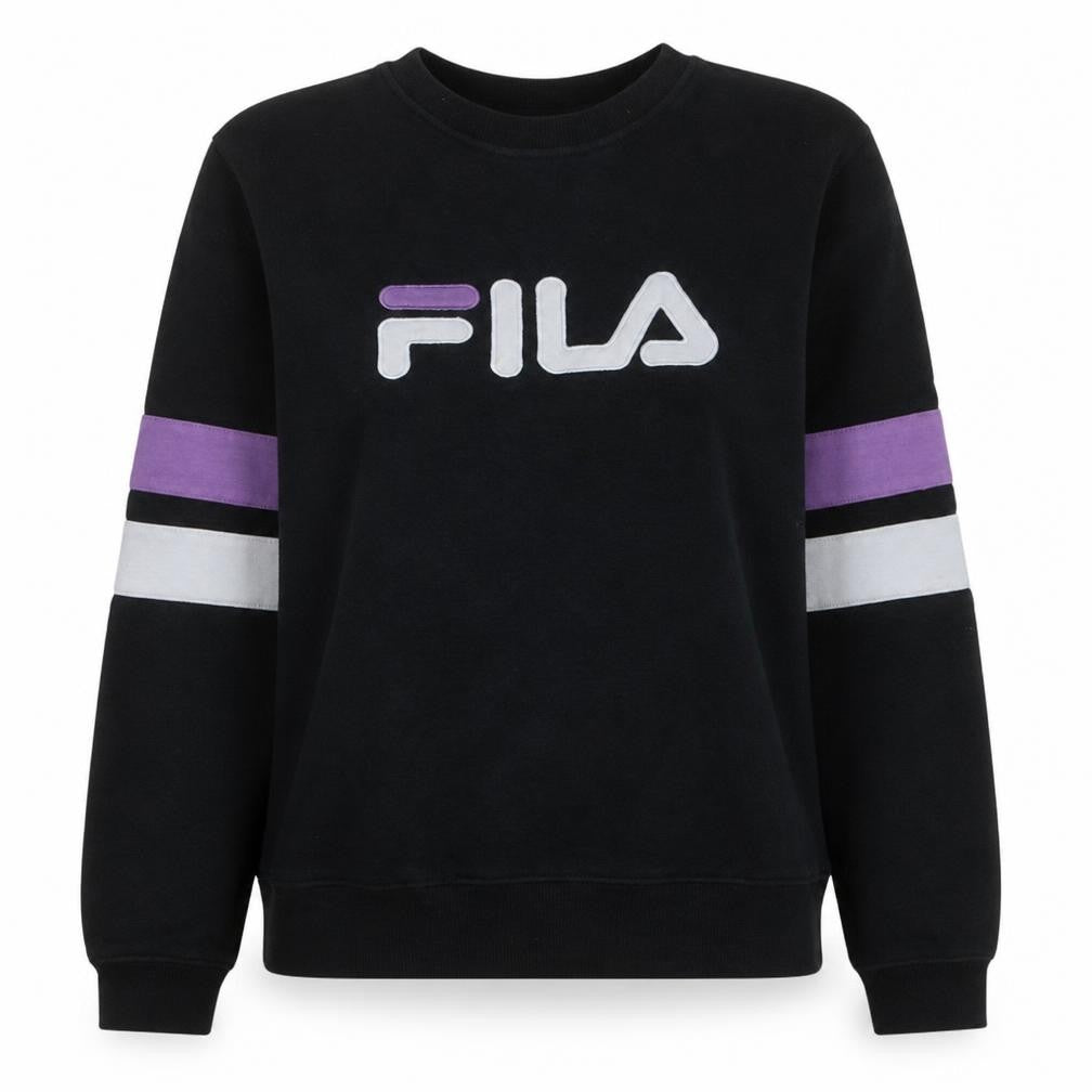 Front view of Fila women’s black purple logo crew neck pullover sweatshirt, size M