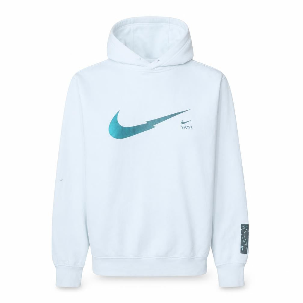Front view of Nike women’s white small pullover hoodie standard fit graphic print