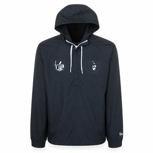 Front view of New Era NFL Raiders Black Men's Medium Hooded Windbreaker Jacket