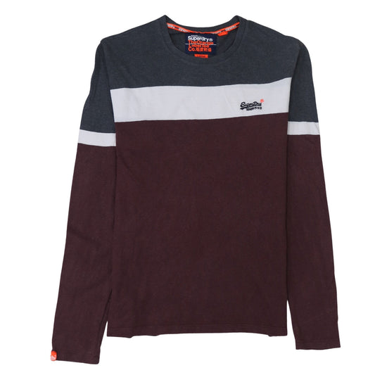 Superdry Men's Burgundy Colourblock Long Sleeve Crew Neck T-Shirt Size L