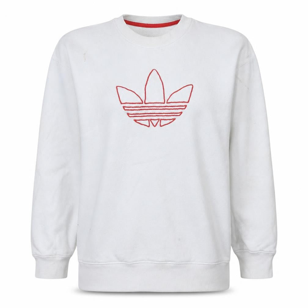 Front view of Adidas Women White Crew Neck Pullover Sweatshirt, size 10, Cotton Logo