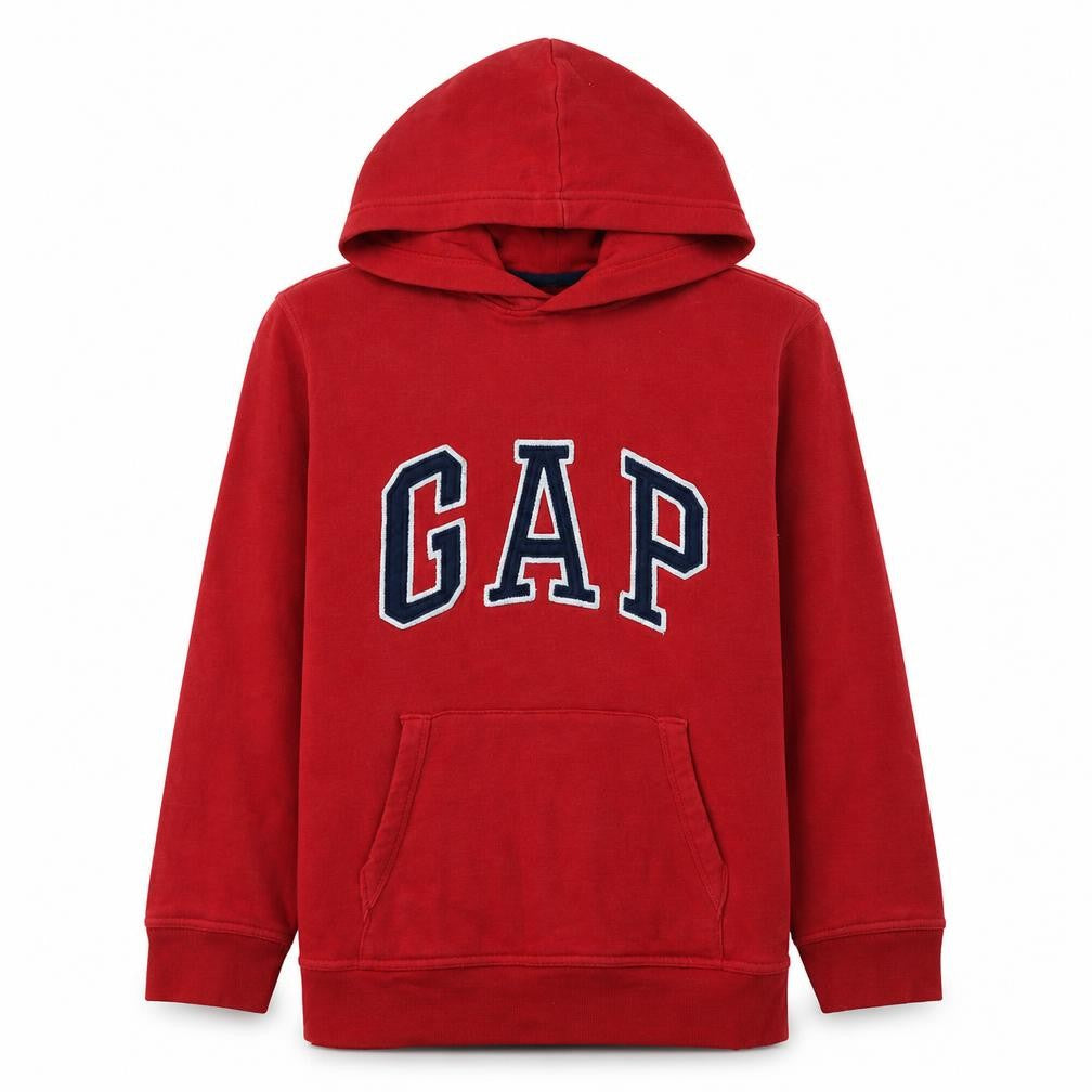 Front view of Gap boys’ red pullover hoodie, size 14-16, cotton blend logo sweatshirt