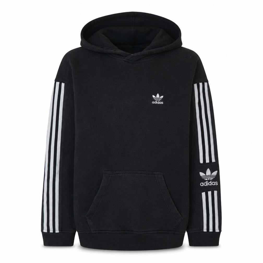 Front view of adidas men’s black pullover hoodie small logo fleece sweatshirt