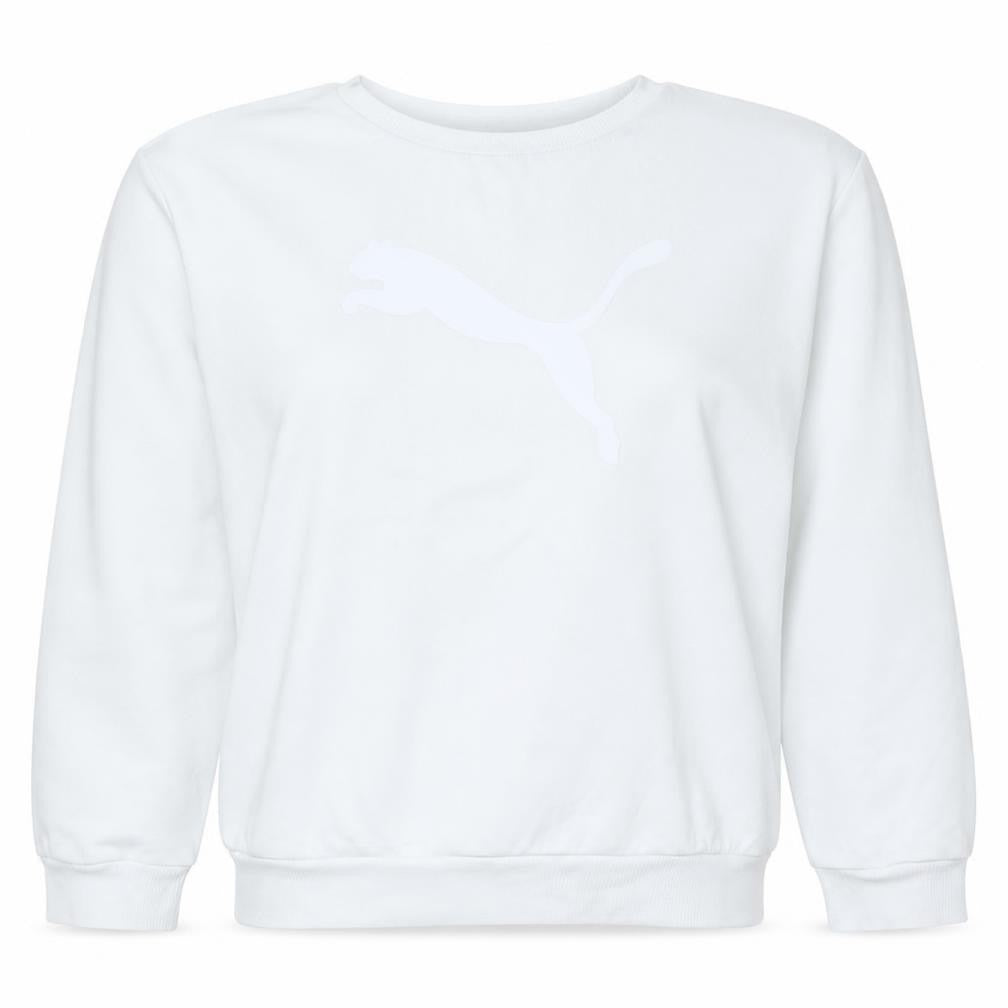 Front view of Puma women’s white crew neck pullover sweatshirt, size M, relaxed fit