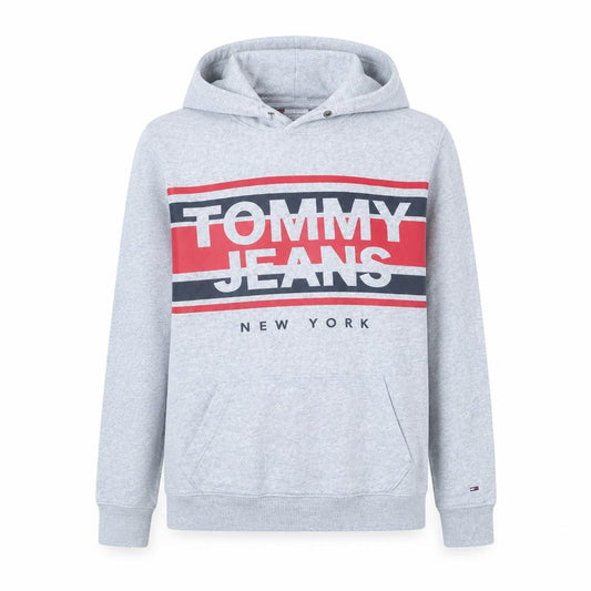 Front view of Tommy Jeans Men's Grey Hoodie Small Pullover Graphic Print Cotton