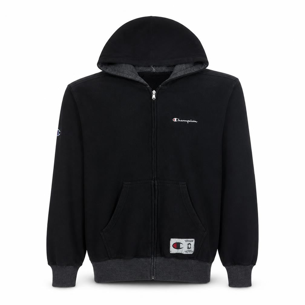 Front view of Champion Men's Black Full Zip Hoodie Sweatshirt, size L