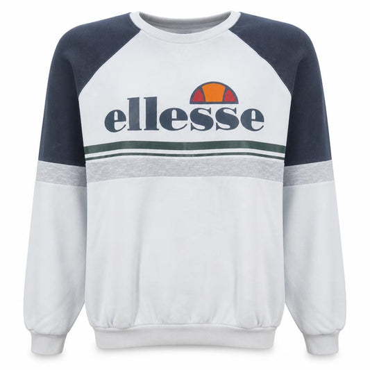 Front view of Ellesse women’s white blue logo sweatshirt, size UK 12, pullover classic fit