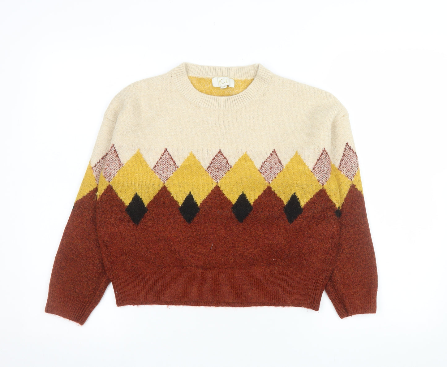 JCL Womens Multicoloured Argyle Knit Crew Neck Pullover Jumper M